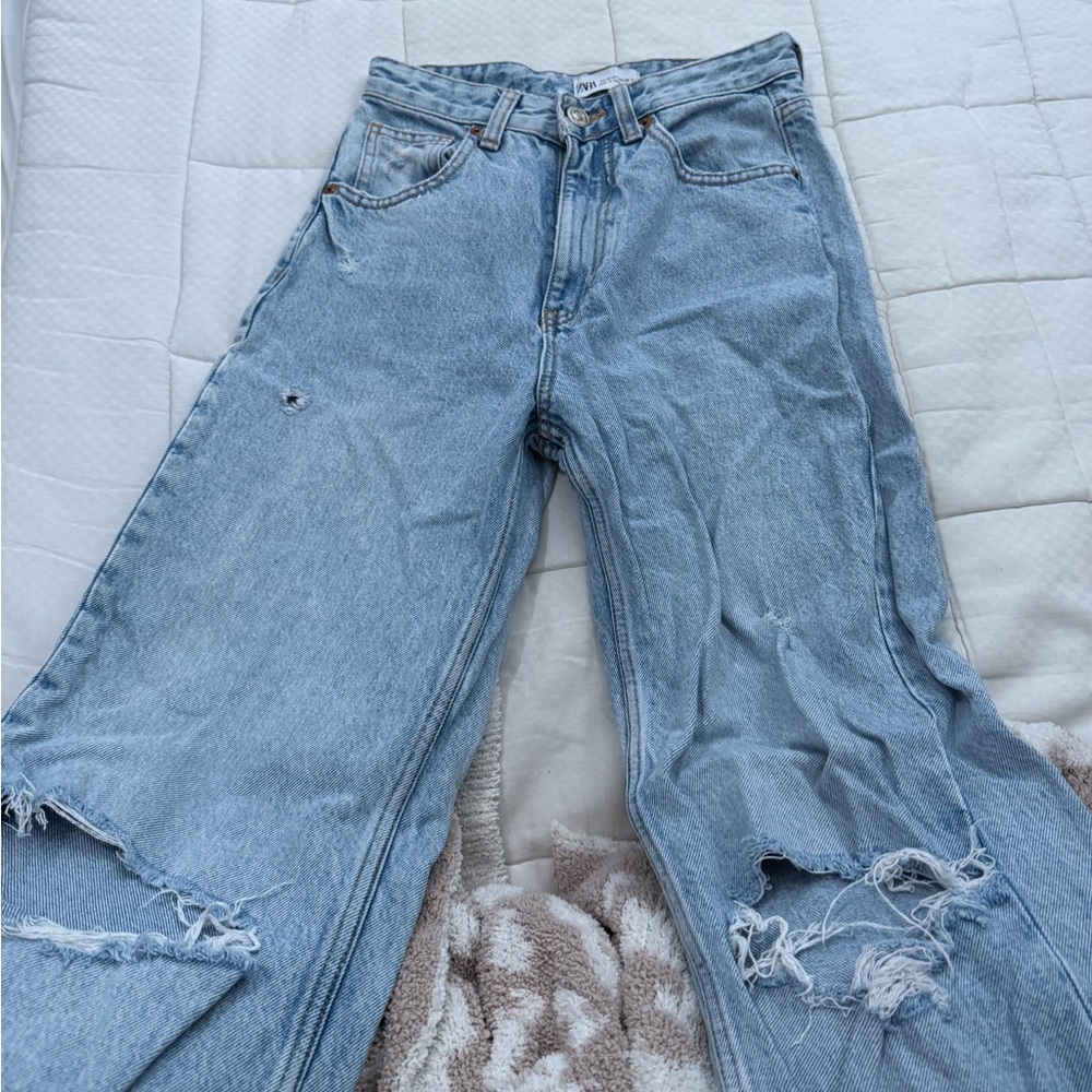 Zara Light Blue Distressed Boyfriend Jeans